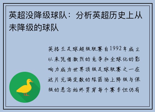 英超没降级球队：分析英超历史上从未降级的球队